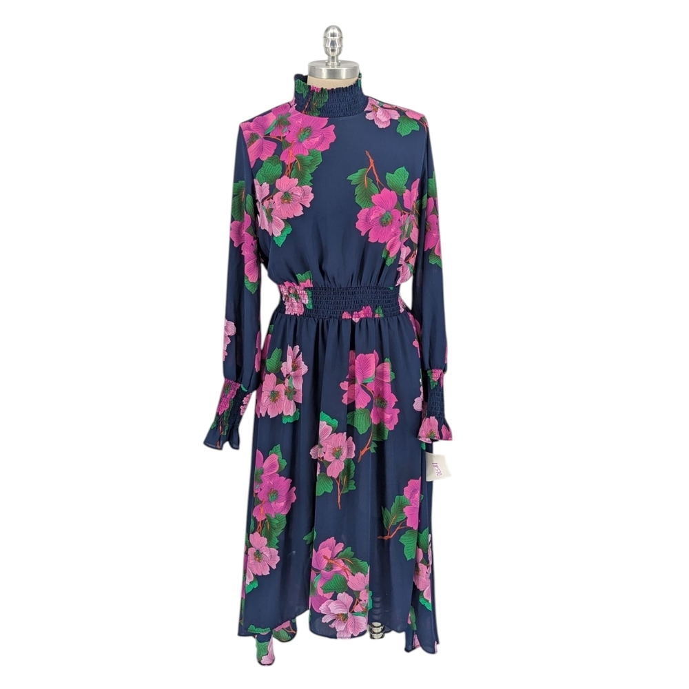 01581 Nanette Lepore Floral Blouson Dress Navy Blue Purple size 6 bohemian party